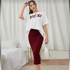 White Graphic Tee and Burgundy Skirt